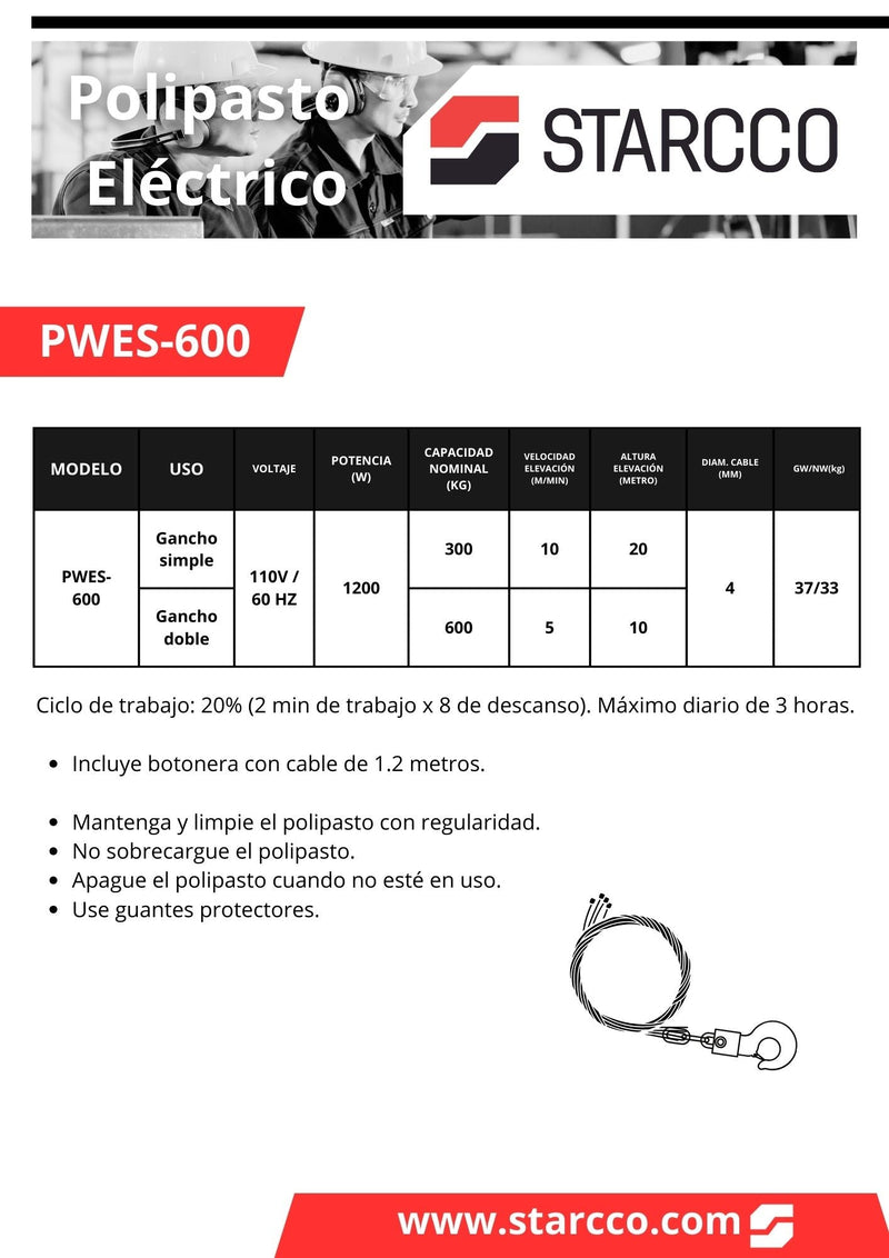 Cargue la imagen en el visor de la galería, Polipastos Eléctrico de CABLE, 300-600KG a 20 metros, 110 V, STARCCO.