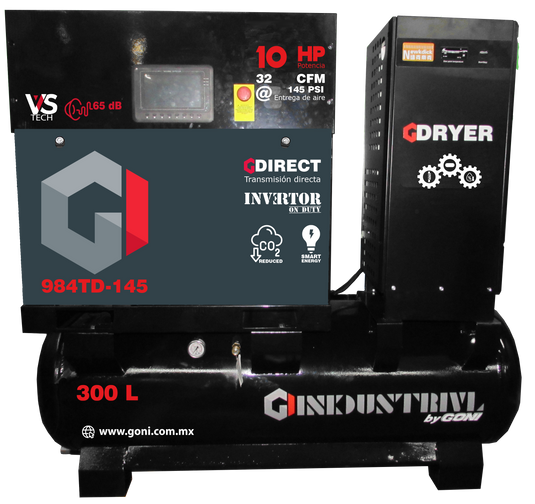 Compresor de Tornillo 10 HP 145 PSI GONI 3 en 1 con Tanque de 300 L
