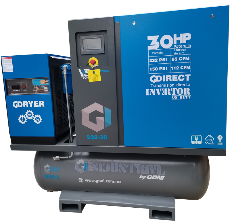 Cargue la imagen en el visor de la galería, Compresor de Tornillo 30 HP 232 PSI 112 CFM – SKU: 232-30 – Sistema 4 en 1 con Tanque y Secador
