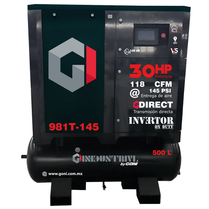 Compresor de Tornillo 30 HP 145 PSI GONI con Tanque de 500 L