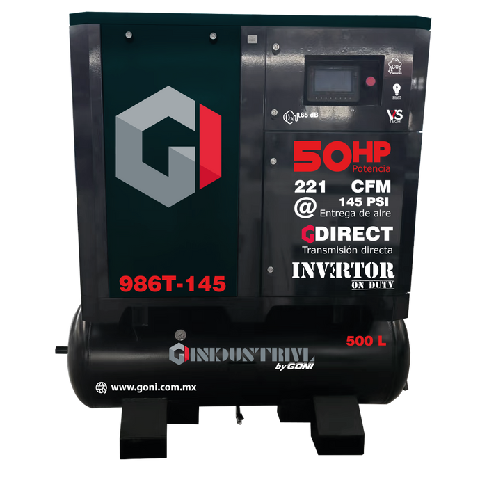 Compresor de Tornillo 50 HP 145 PSI GONI con Tanque de 500 L