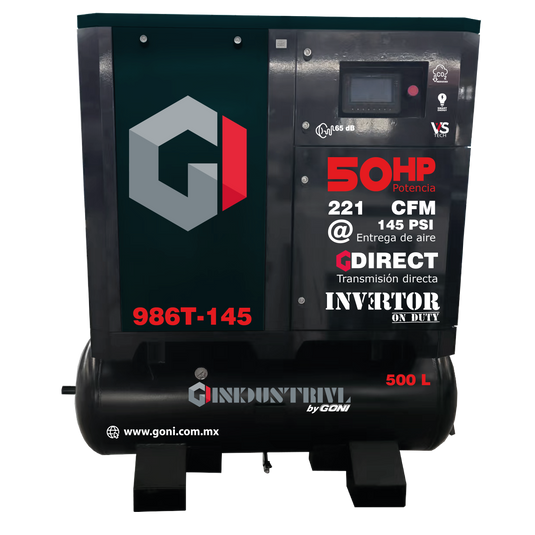 Compresor de Tornillo 50 HP 145 PSI GONI con Tanque de 500 L