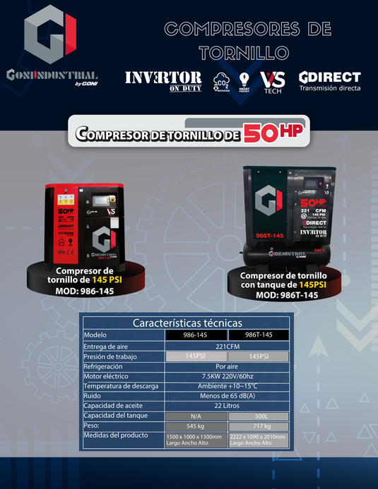 Compresor de Tornillo 50 HP 145 PSI GONI